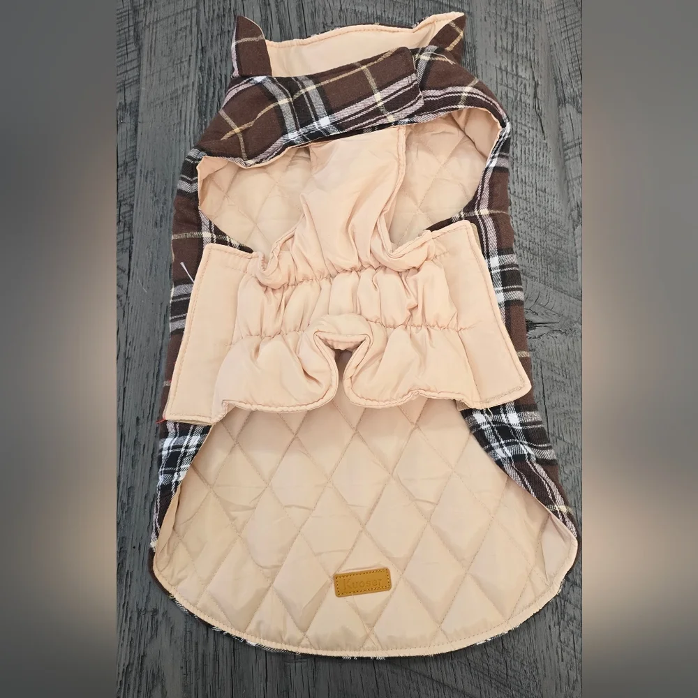 NEW Kuoser Brown Plaid Quilted Reversible Dog Coat Jacket (Size: Large)